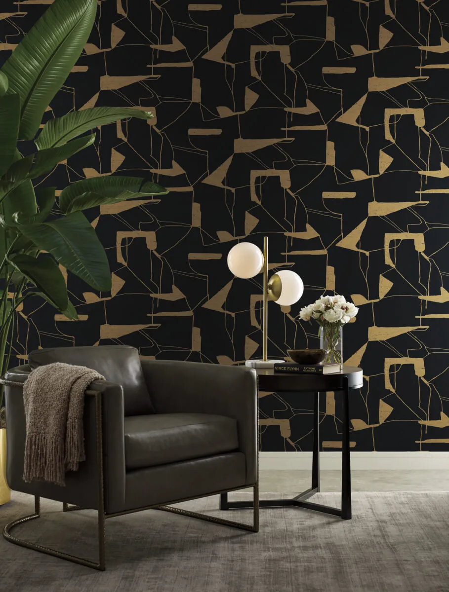 Abstract Geo Wallpaper in Black/Gold from the Modern Metals Second Edition