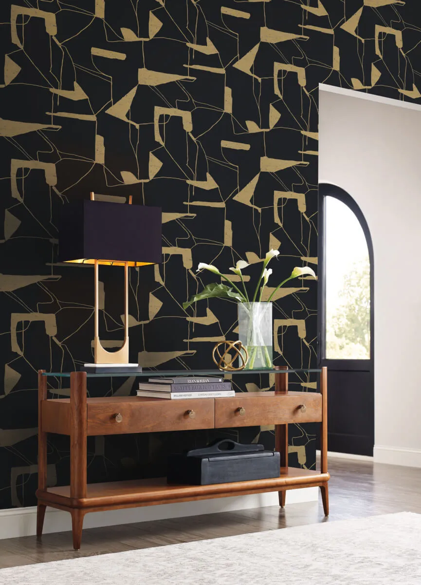 Abstract Geo Wallpaper in Black/Gold from the Modern Metals Second Edition