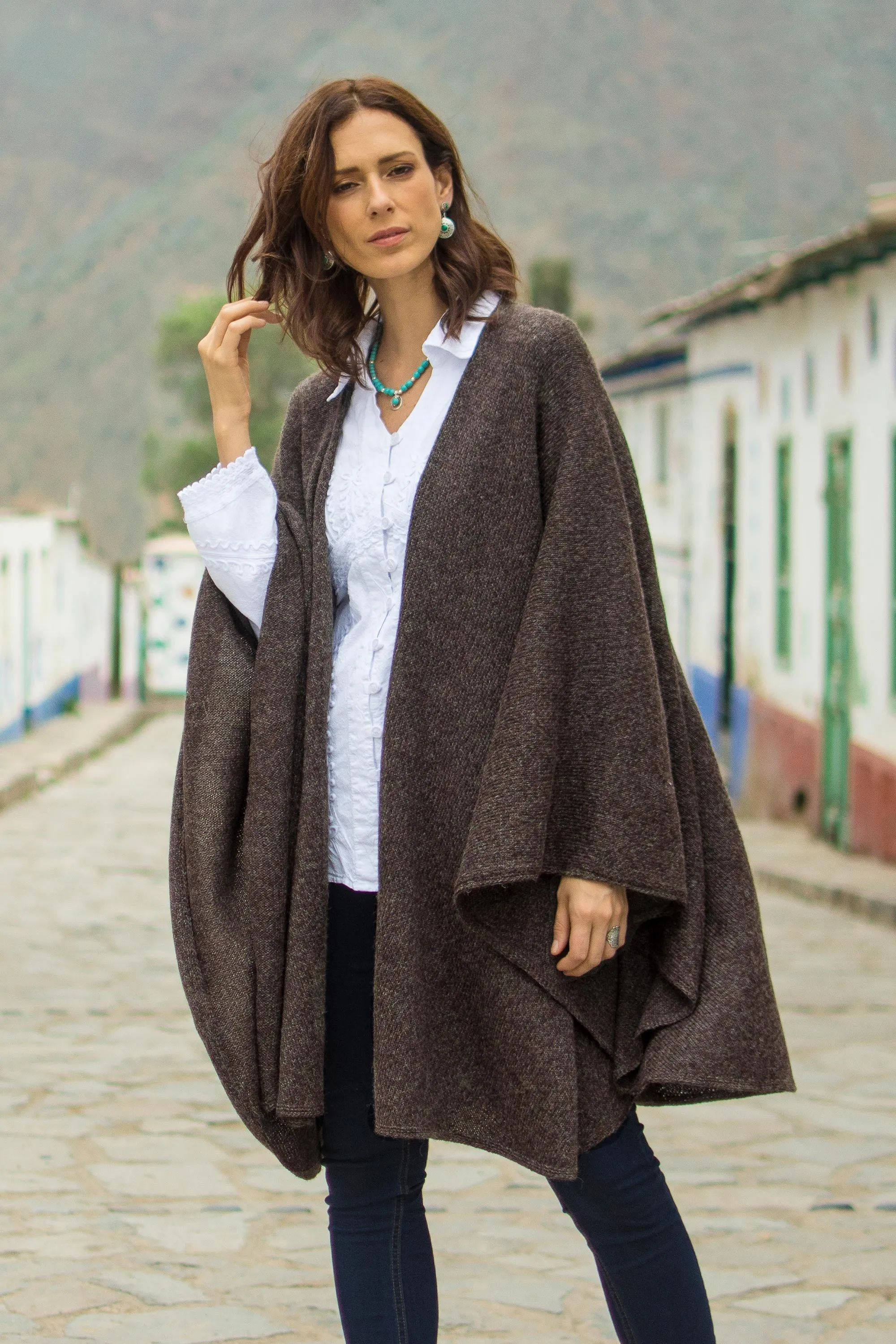 Artisan Crafted Alpaca  Blend Wrap Ruana - Brown Tweed | NOVICA