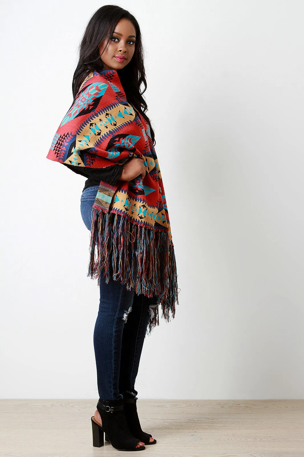 Aztec Button-Up Tassel Fringe Poncho