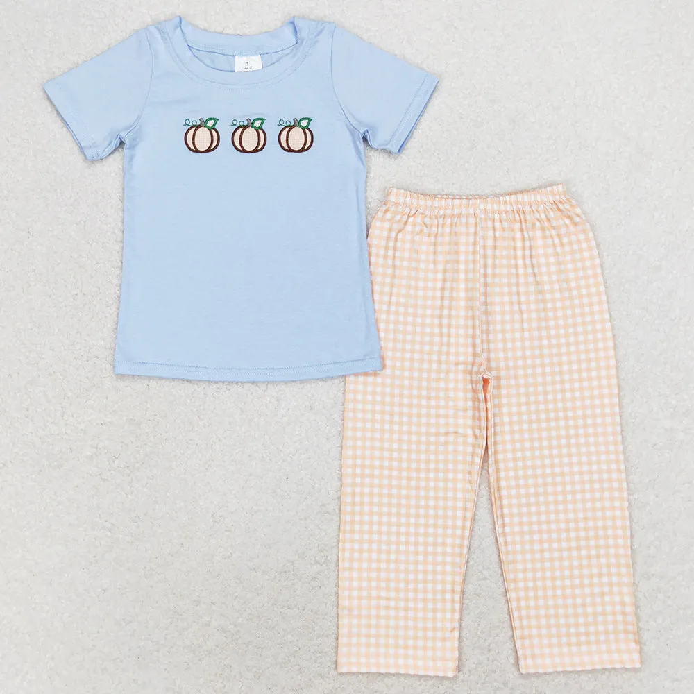 Baby Girls Clothes Embroidery Blue Pumpkins Tunic Top Ruffle Pants Sets GSPO1534