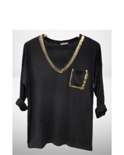 Black V Neck Long Sleeves Top Gold Details Made In Italy