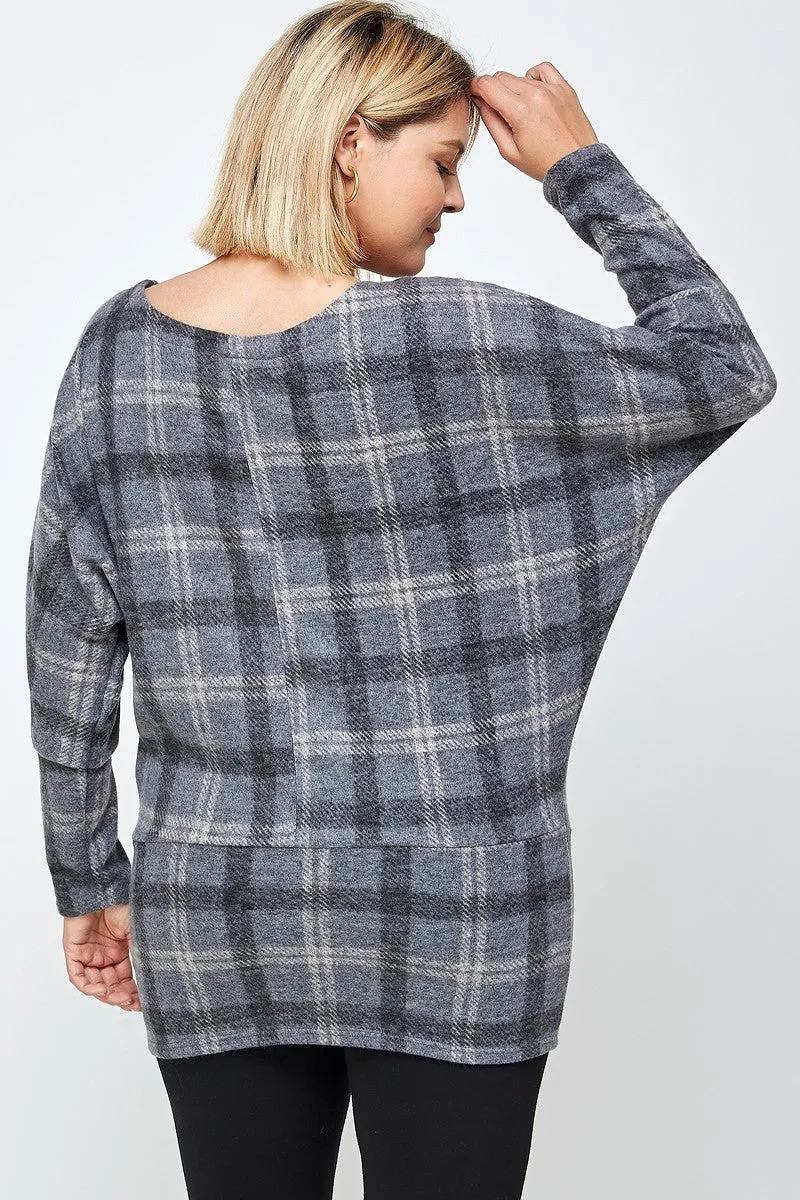 Boat Neck Plaid Dolman Sleeves Tunic Top Voluptuous ( ) Plus Size - Ships from The US