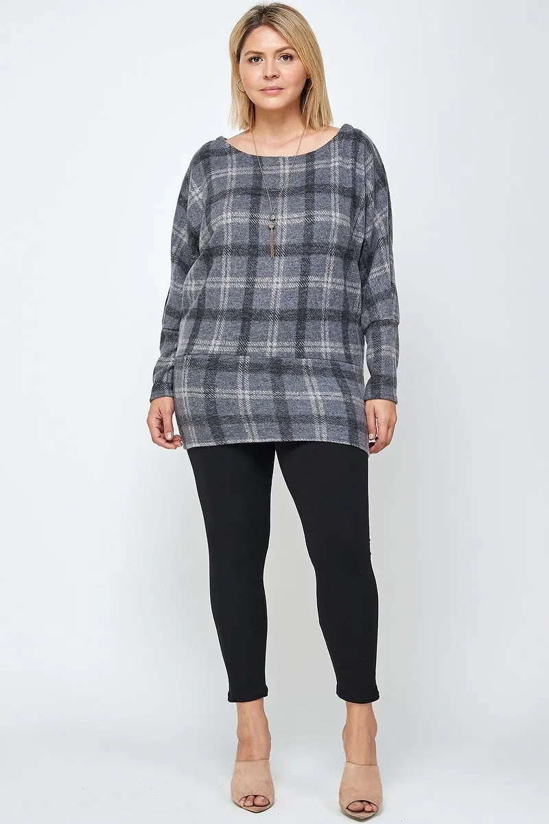 Boat Neck Plaid Dolman Sleeves Tunic Top Voluptuous ( ) Plus Size - Ships from The US
