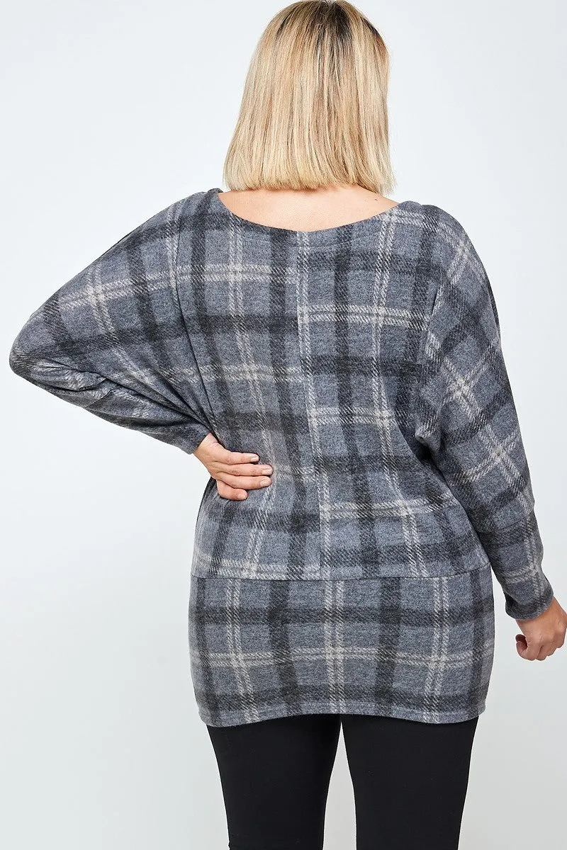 Boat Neck Plaid Dolman Sleeves Tunic Top Voluptuous ( ) Plus Size - Ships from The US