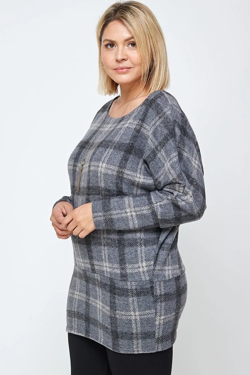 Boat Neck Plaid Dolman Sleeves Tunic Top Voluptuous ( ) Plus Size - Ships from The US
