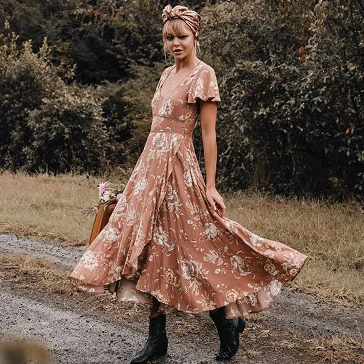 Bohemian Floral Hollow Asymmetrical Ruffled Hem Flowing Dress