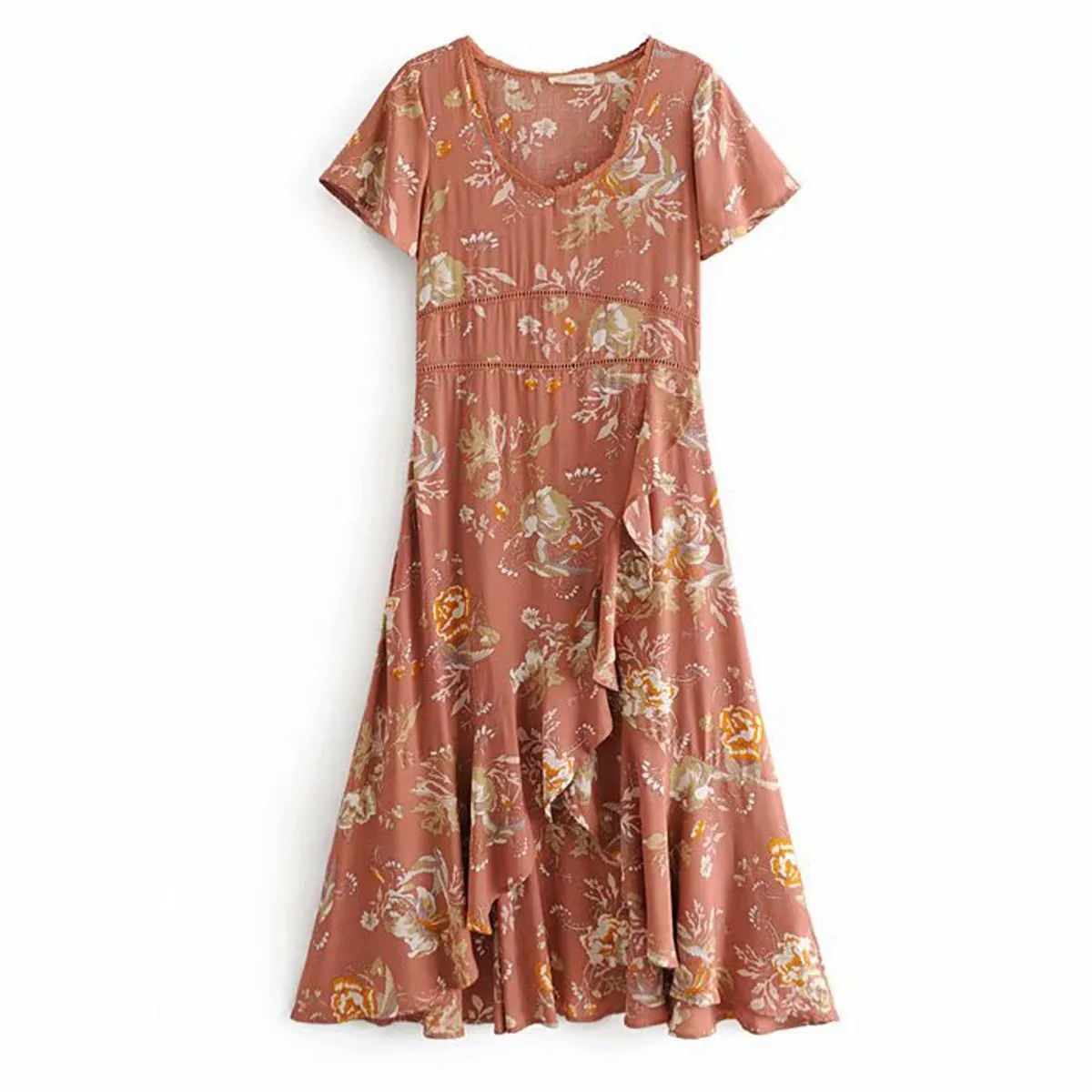 Bohemian Floral Hollow Asymmetrical Ruffled Hem Flowing Dress