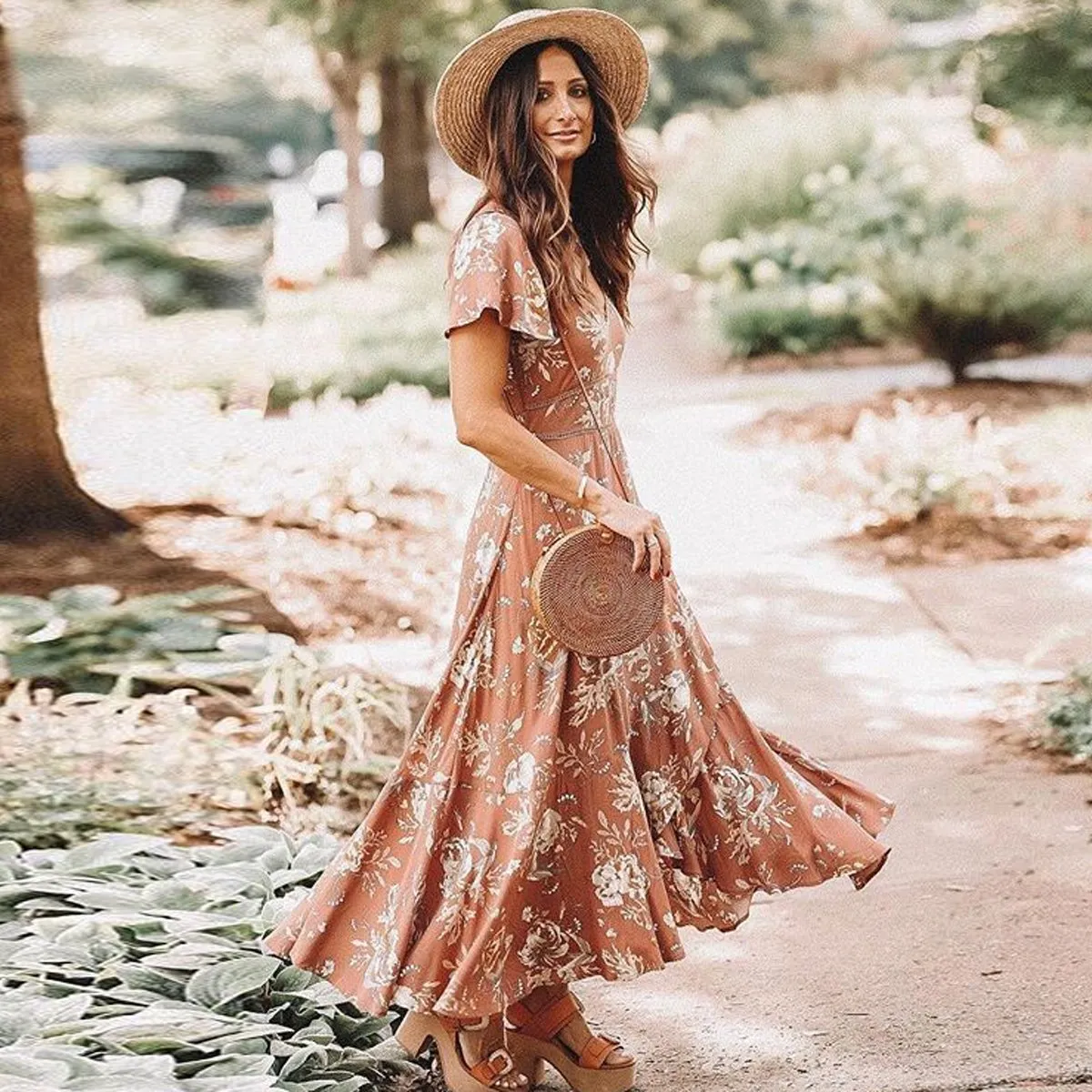 Bohemian Floral Hollow Asymmetrical Ruffled Hem Flowing Dress