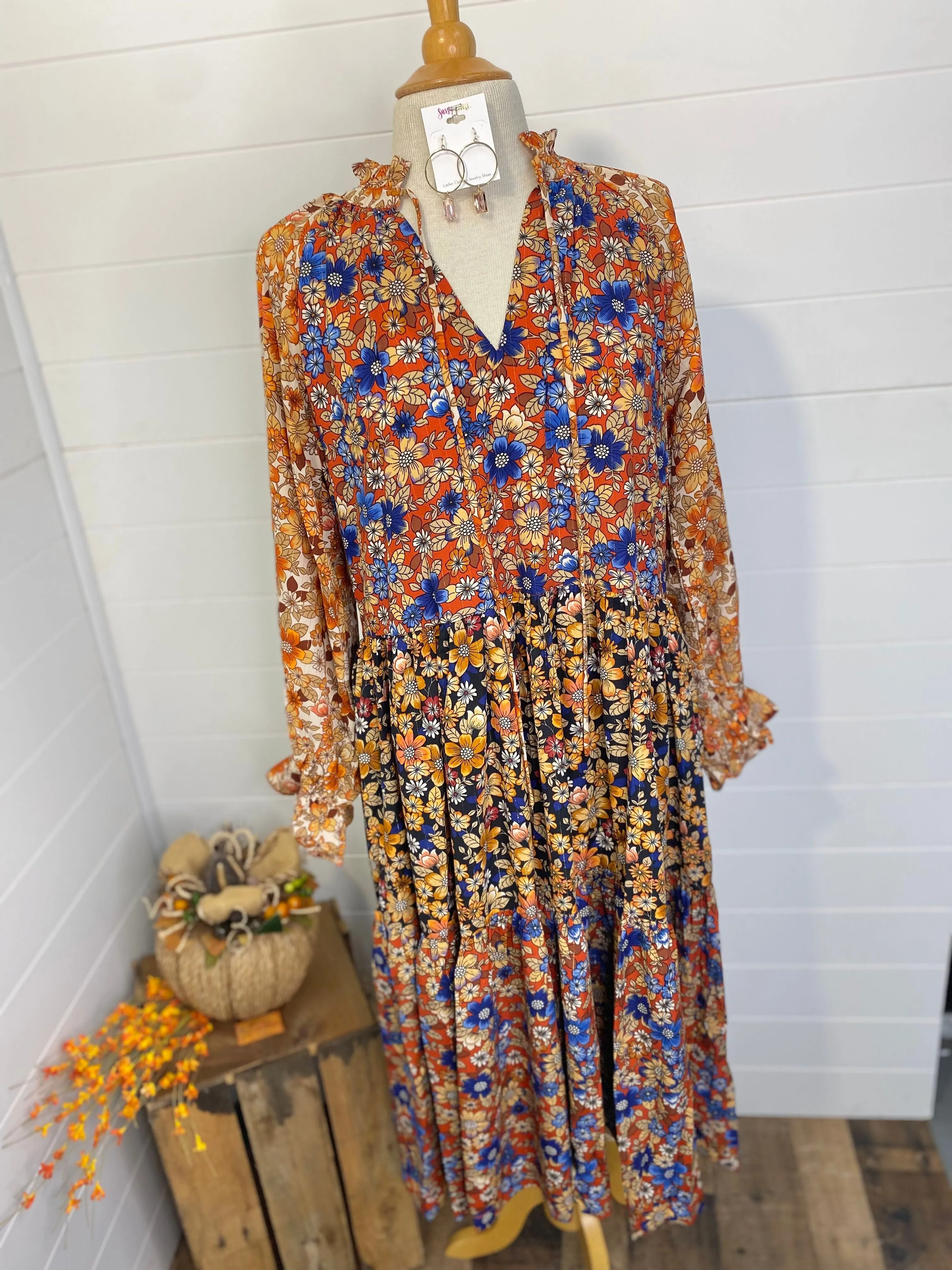 Brick Floral Mix Long Sleeve Dress