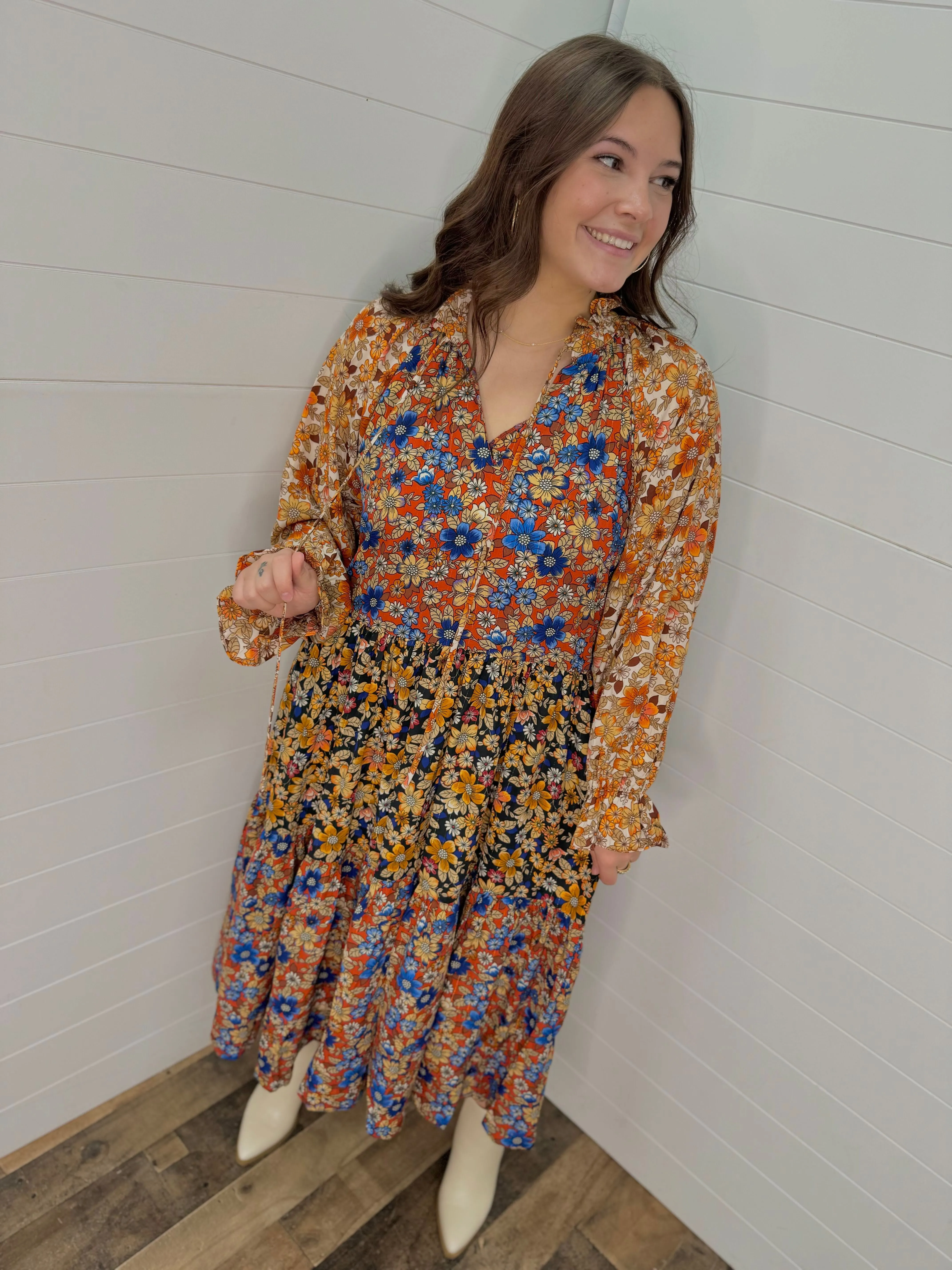 Brick Floral Mix Long Sleeve Dress