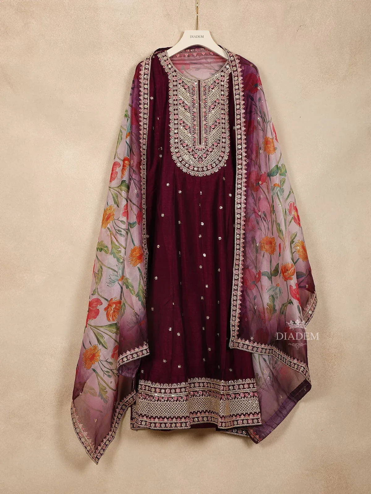 Burgandy Straight Cut Salwar Suit Adorned with Sequins and Floral Design Paired with Dupatta
