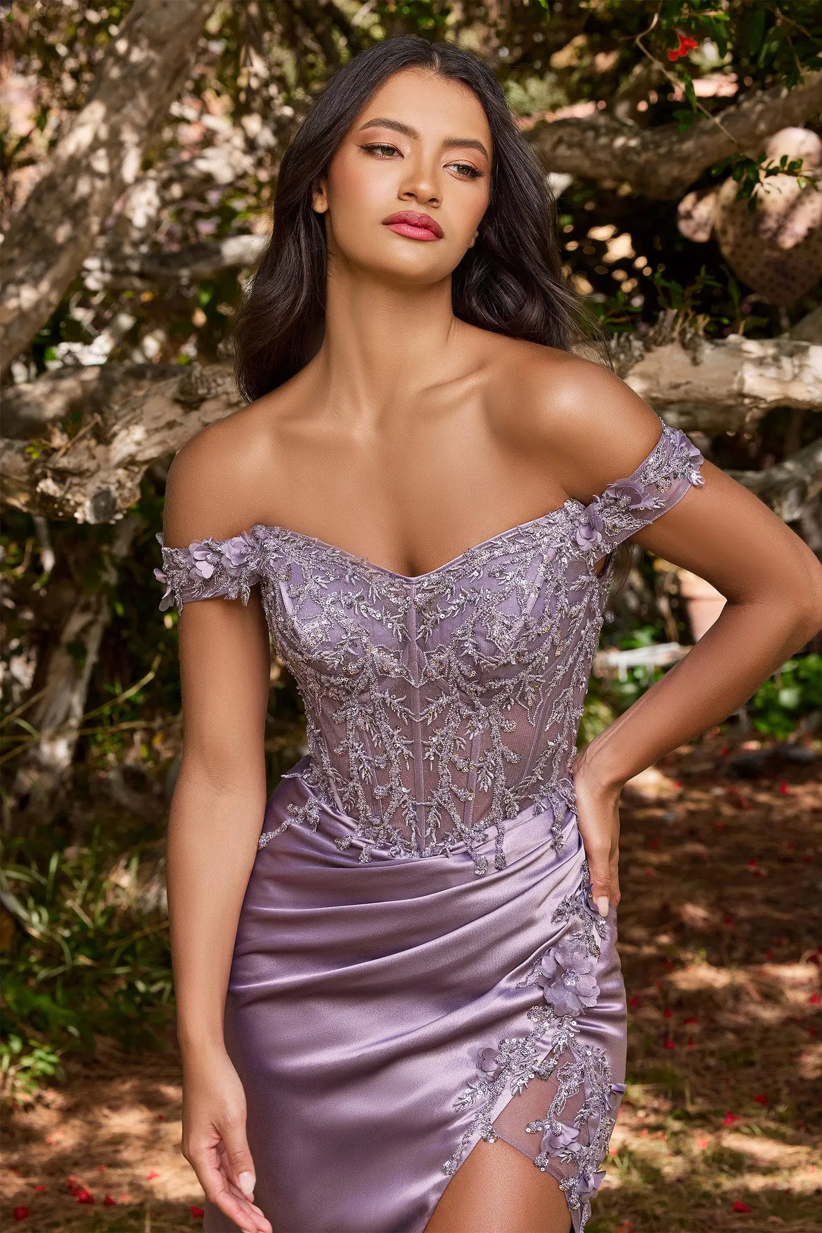 Cinderella Divine CD0186 Ladivine Off Shoulder Corset Slit Leg Dress