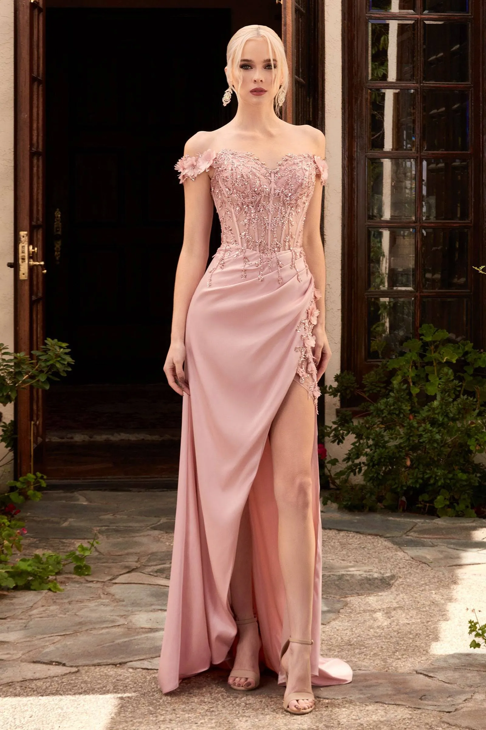 Cinderella Divine CD0186 Ladivine Off Shoulder Corset Slit Leg Dress