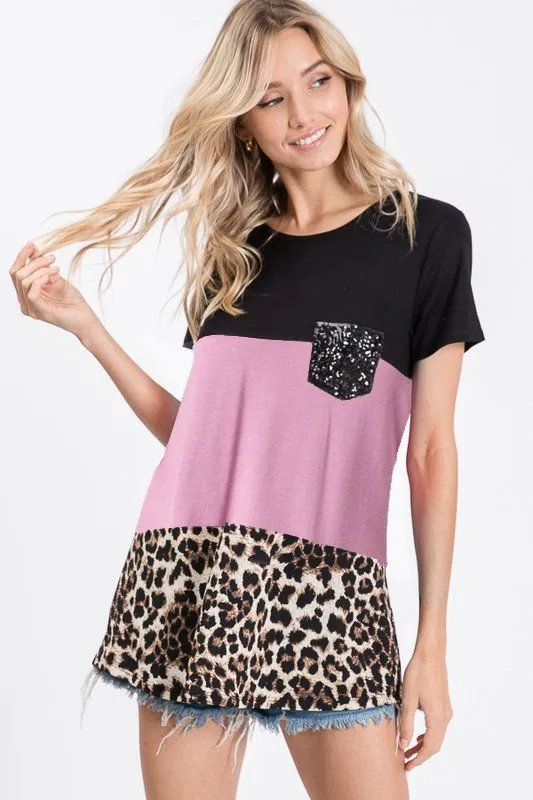 Color Block Leopard Top, Mauve