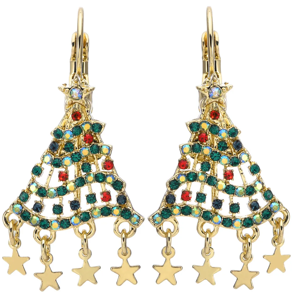 Dancing Delight Christmas Tree Leverback Earrings (Goldtone)