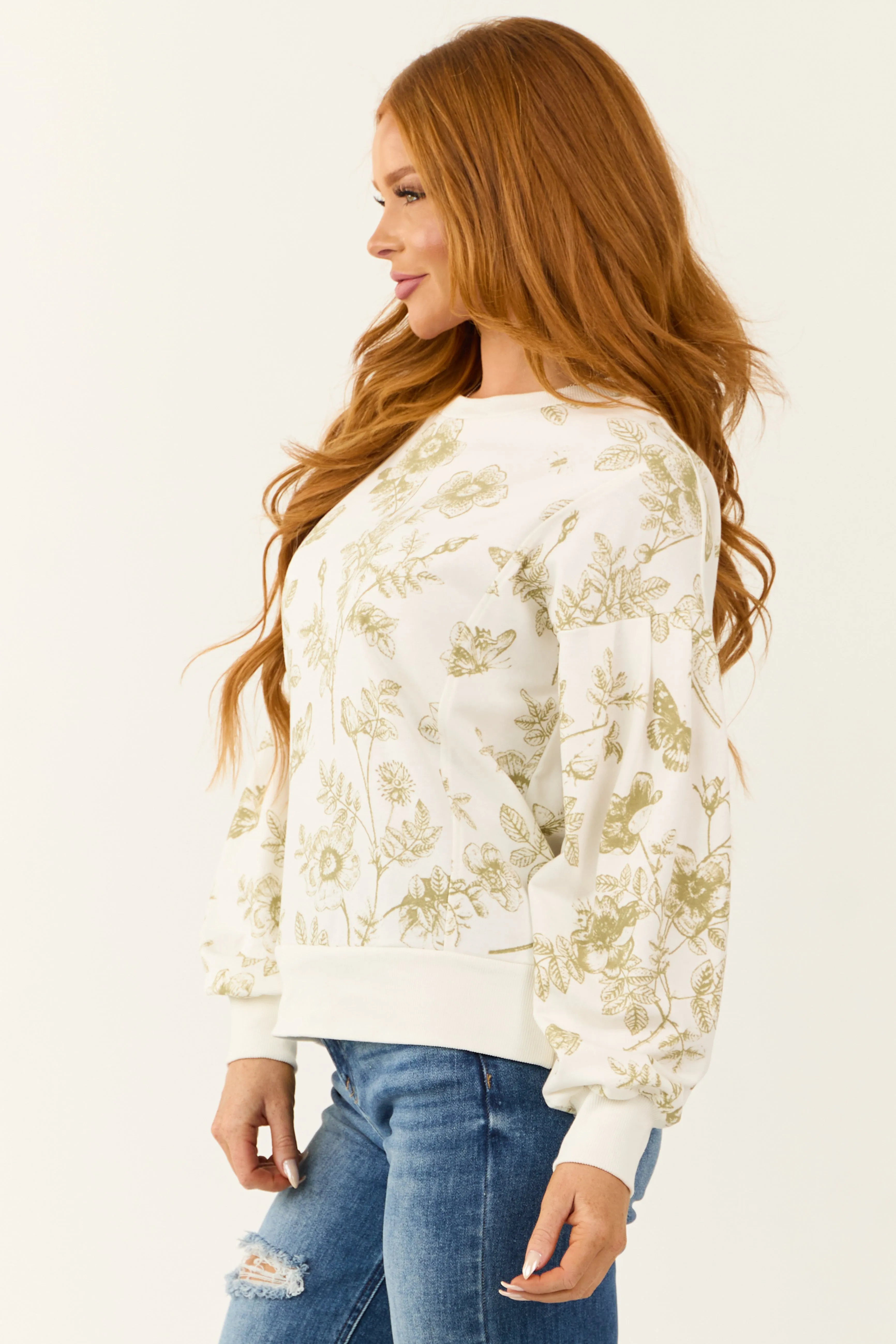 Ivory and Olive Floral Print Crew Neck Sweatshirt