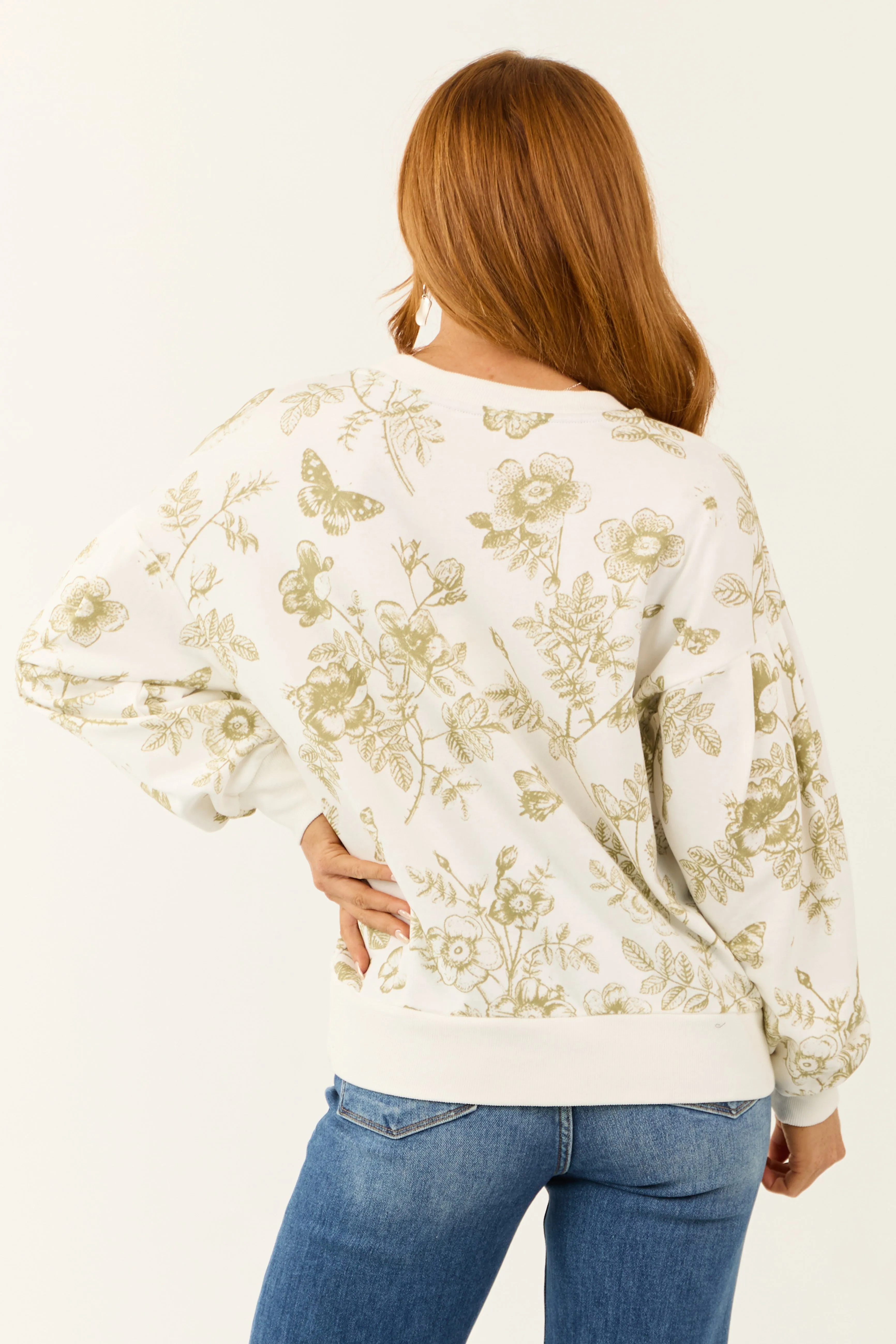Ivory and Olive Floral Print Crew Neck Sweatshirt