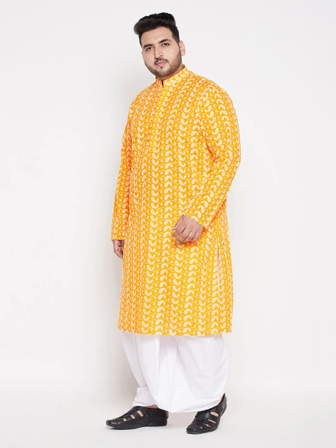 Jashvi Men's Plus Size Orange Chikankari Embroidered Kurta And White Dhoti Set