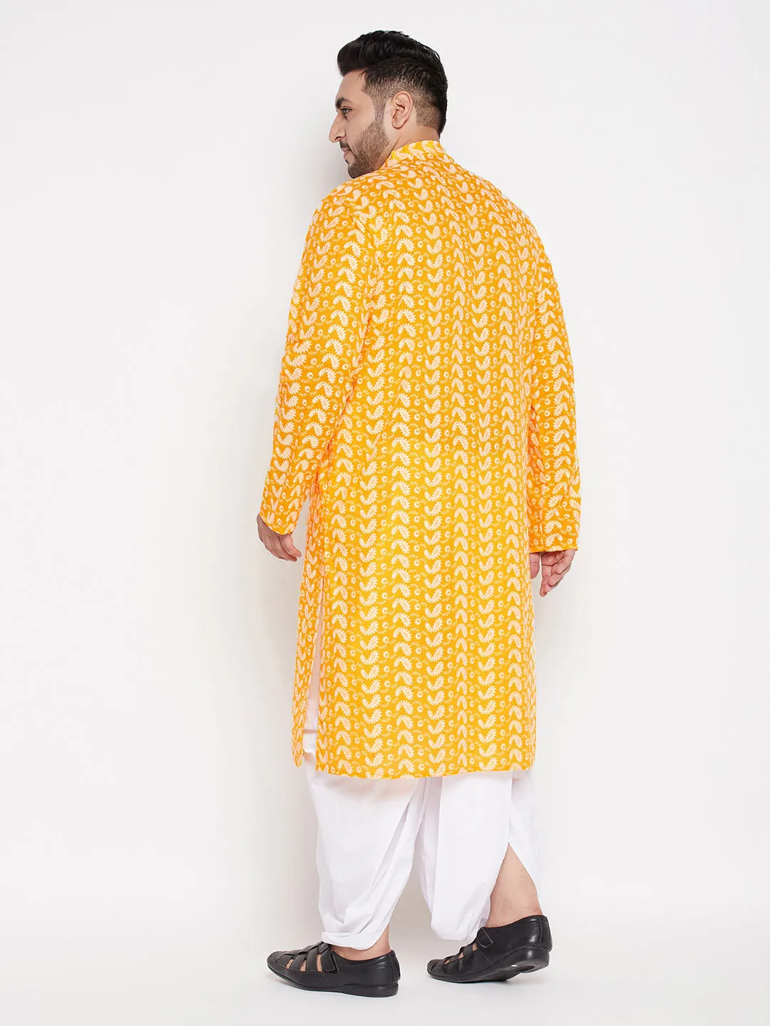 Jashvi Men's Plus Size Orange Chikankari Embroidered Kurta And White Dhoti Set
