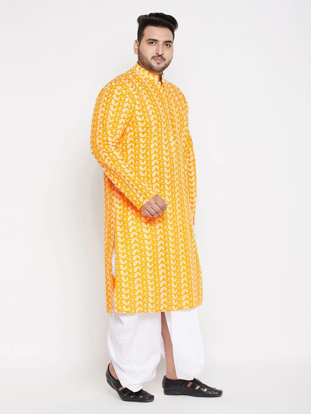 Jashvi Men's Plus Size Orange Chikankari Embroidered Kurta And White Dhoti Set