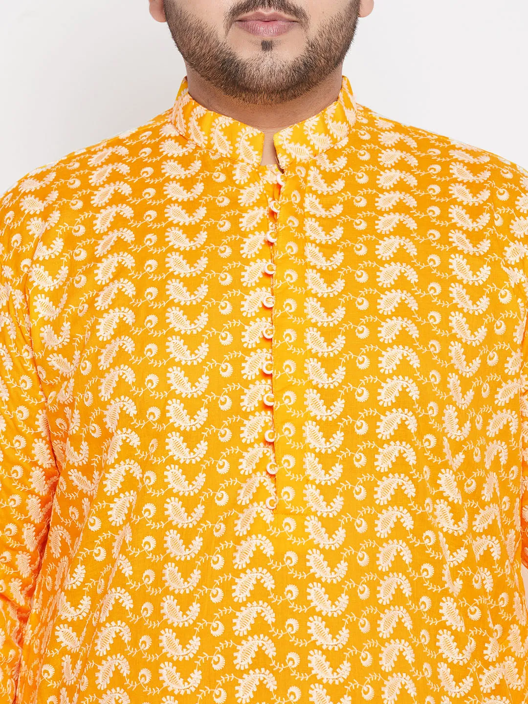 Jashvi Men's Plus Size Orange Chikankari Embroidered Kurta And White Dhoti Set