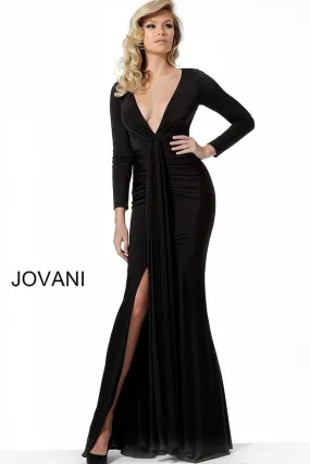 JOVANI 64983 Black Long Sleeve Fitted Jersey Dress
