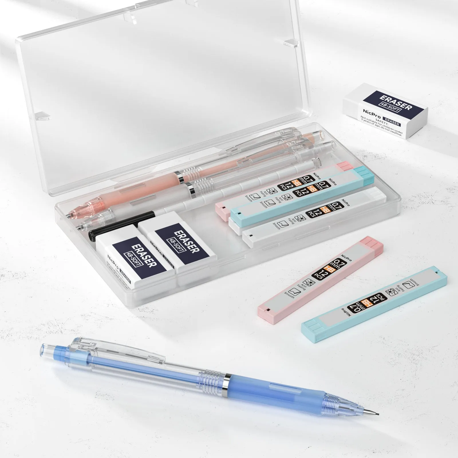 Nicpro 3 PCS Pastel Mechanical Pencil 0.7 with Case for School, with 6 tubes HB Lead Refills, 3 x Erasers, 9 x Eraser Refills for Student Writing, Drawing, Sketching, Blue & Pink & White Colors