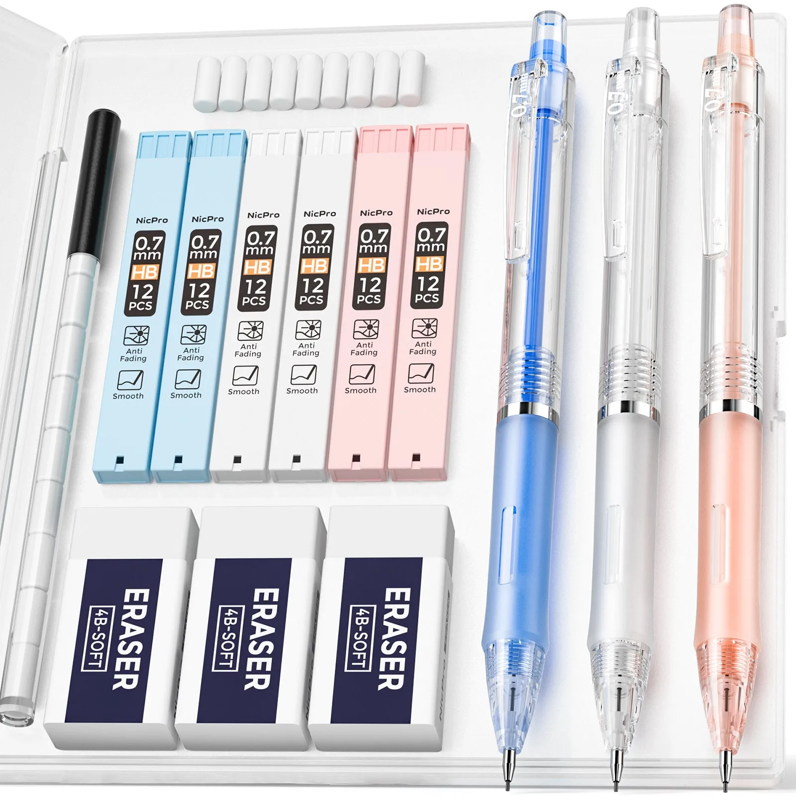 Nicpro 3 PCS Pastel Mechanical Pencil 0.7 with Case for School, with 6 tubes HB Lead Refills, 3 x Erasers, 9 x Eraser Refills for Student Writing, Drawing, Sketching, Blue & Pink & White Colors