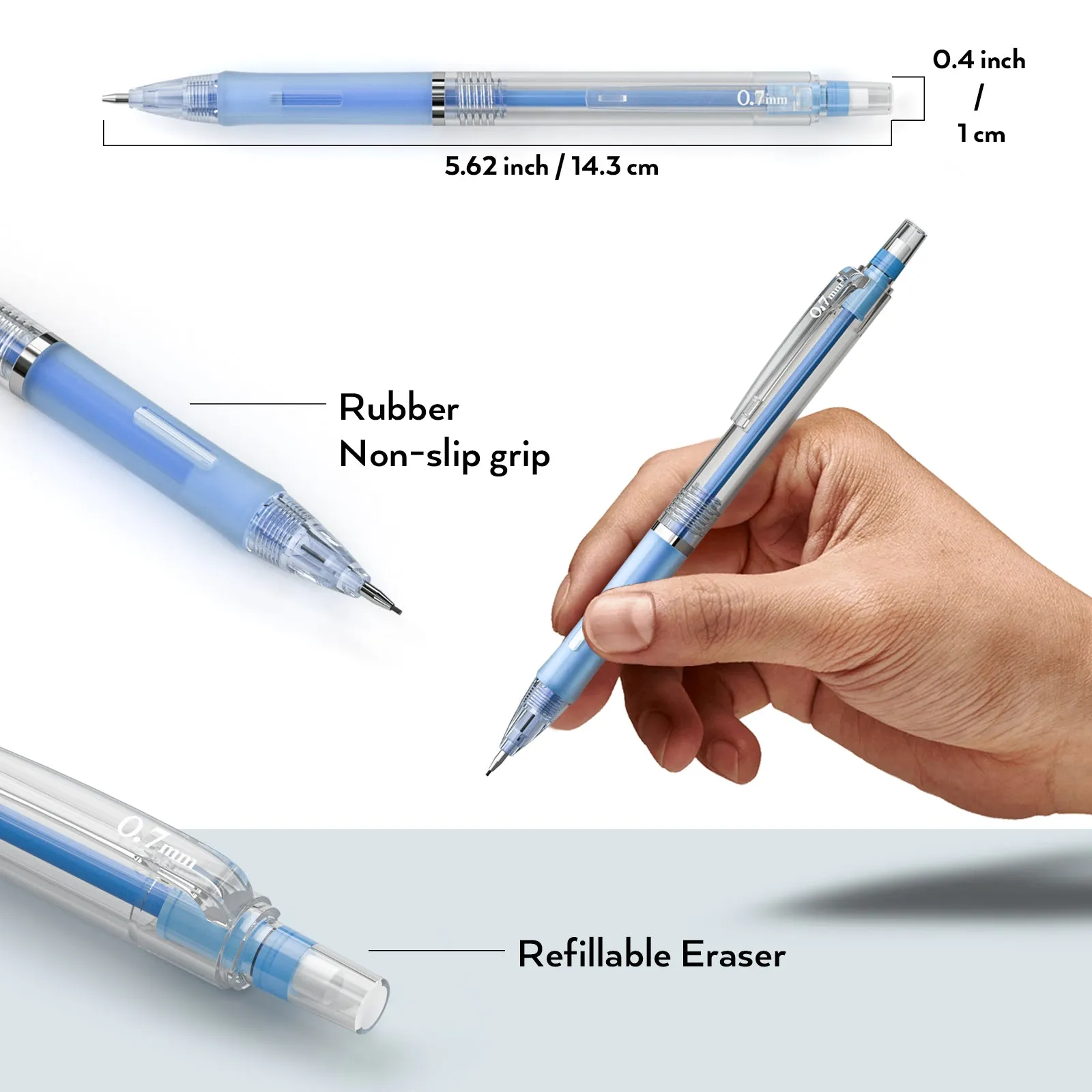 Nicpro 3 PCS Pastel Mechanical Pencil 0.7 with Case for School, with 6 tubes HB Lead Refills, 3 x Erasers, 9 x Eraser Refills for Student Writing, Drawing, Sketching, Blue & Pink & White Colors