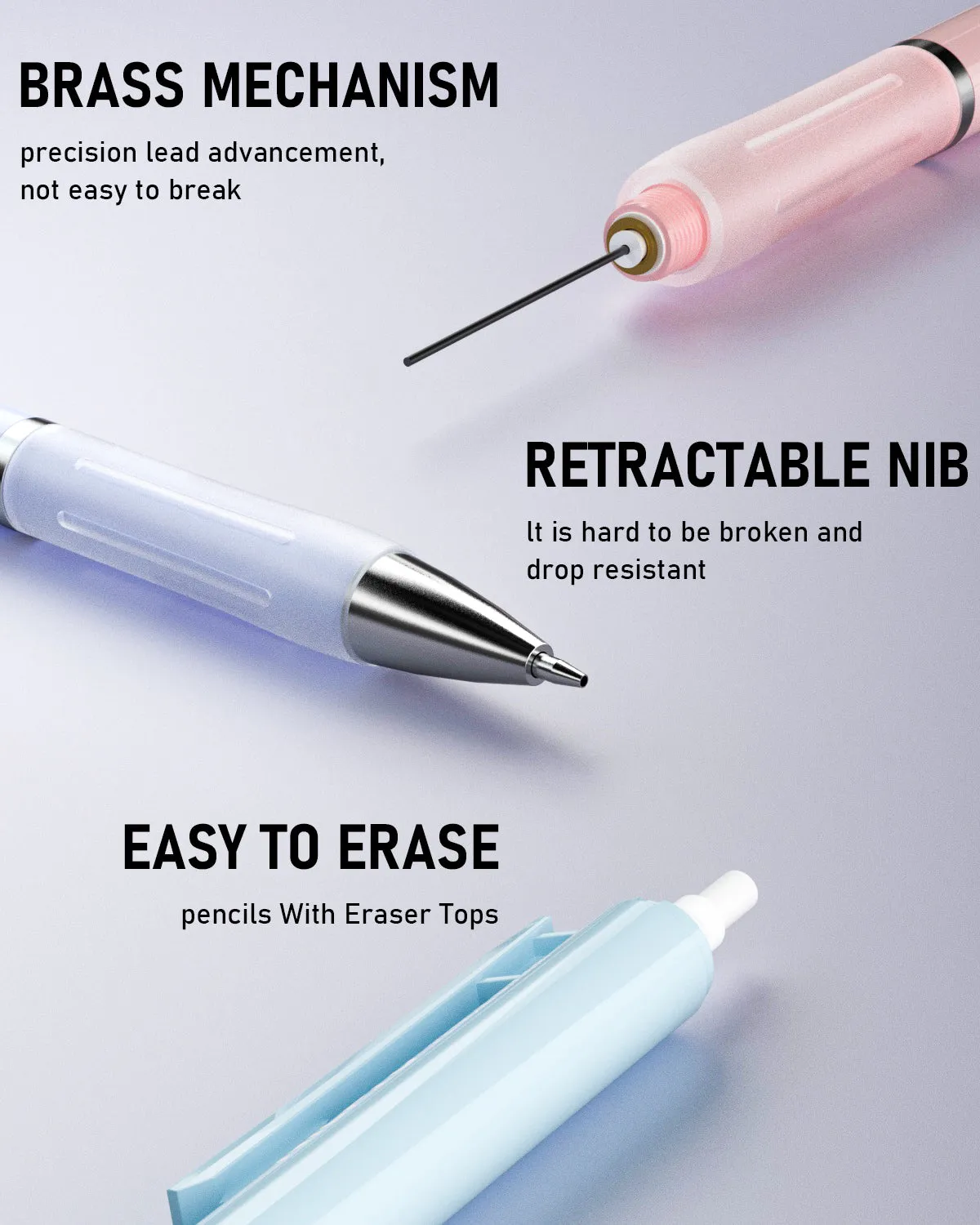 Nicpro 3PCS Pastel Mechanical Pencil Set, Cute Mechanical Pencils 0.9 mm with 6 Tubes HB Lead, 3PCS Eraser & 9PCS Eraser Refill, Aesthetic Mechanical Pencils for Writing, Sketching, Drafting-With Case