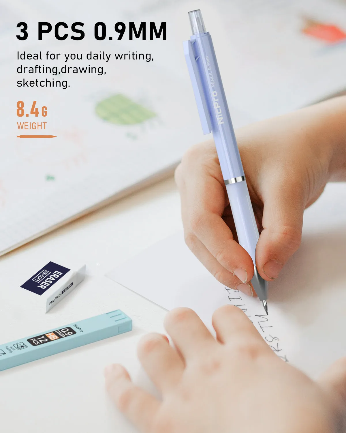 Nicpro 3PCS Pastel Mechanical Pencil Set, Cute Mechanical Pencils 0.9 mm with 6 Tubes HB Lead, 3PCS Eraser & 9PCS Eraser Refill, Aesthetic Mechanical Pencils for Writing, Sketching, Drafting-With Case