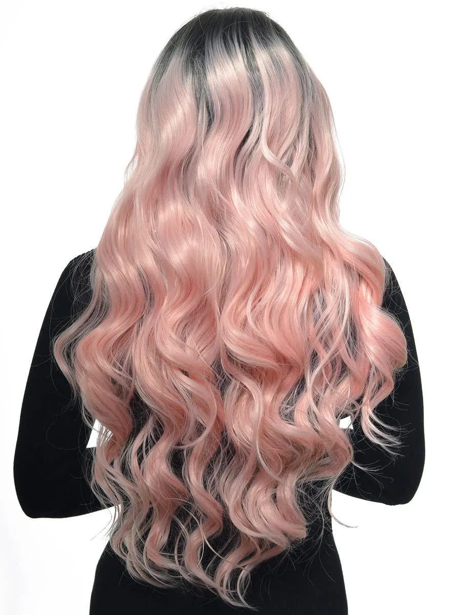 Pastel Pink Long Curly Dark Rooted Lace Front Fashion Wig