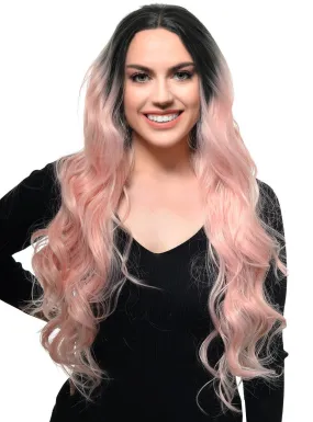 Pastel Pink Long Curly Dark Rooted Lace Front Fashion Wig