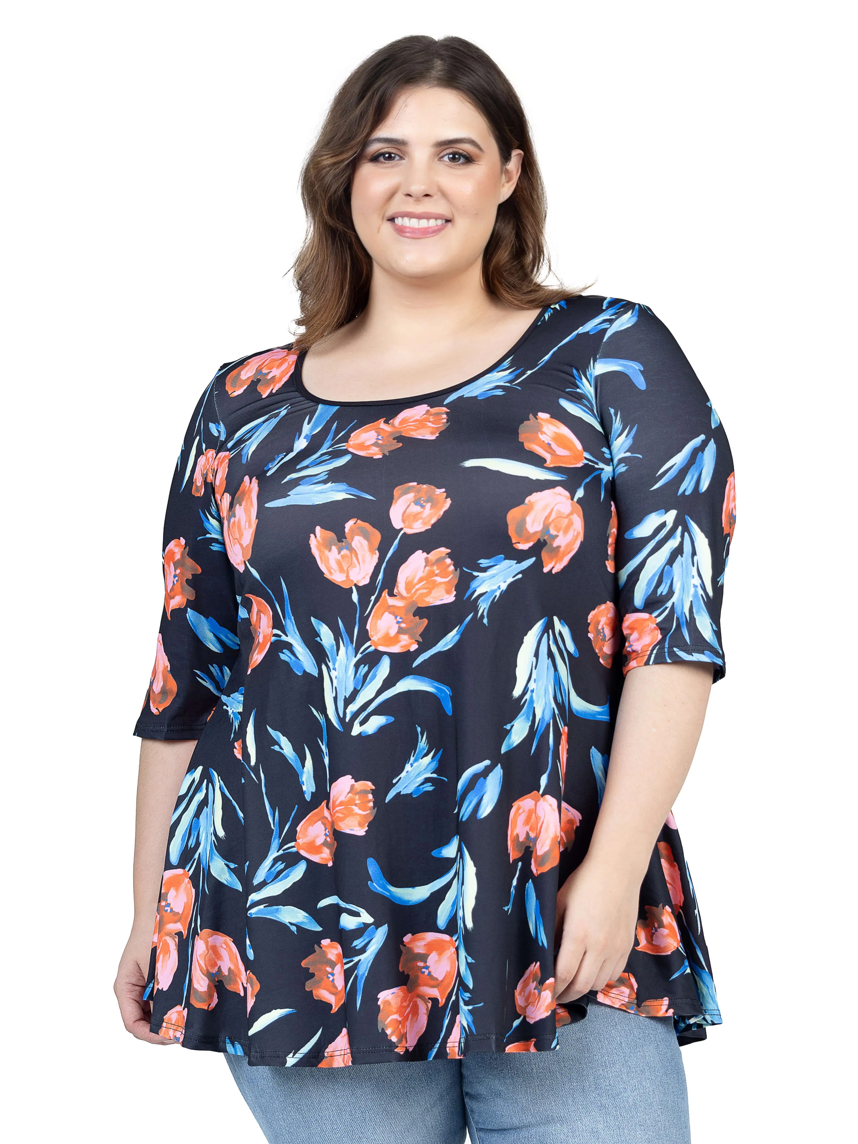 Plus Size Black Tulip Print Elbow Sleeve Casual Tunic Top