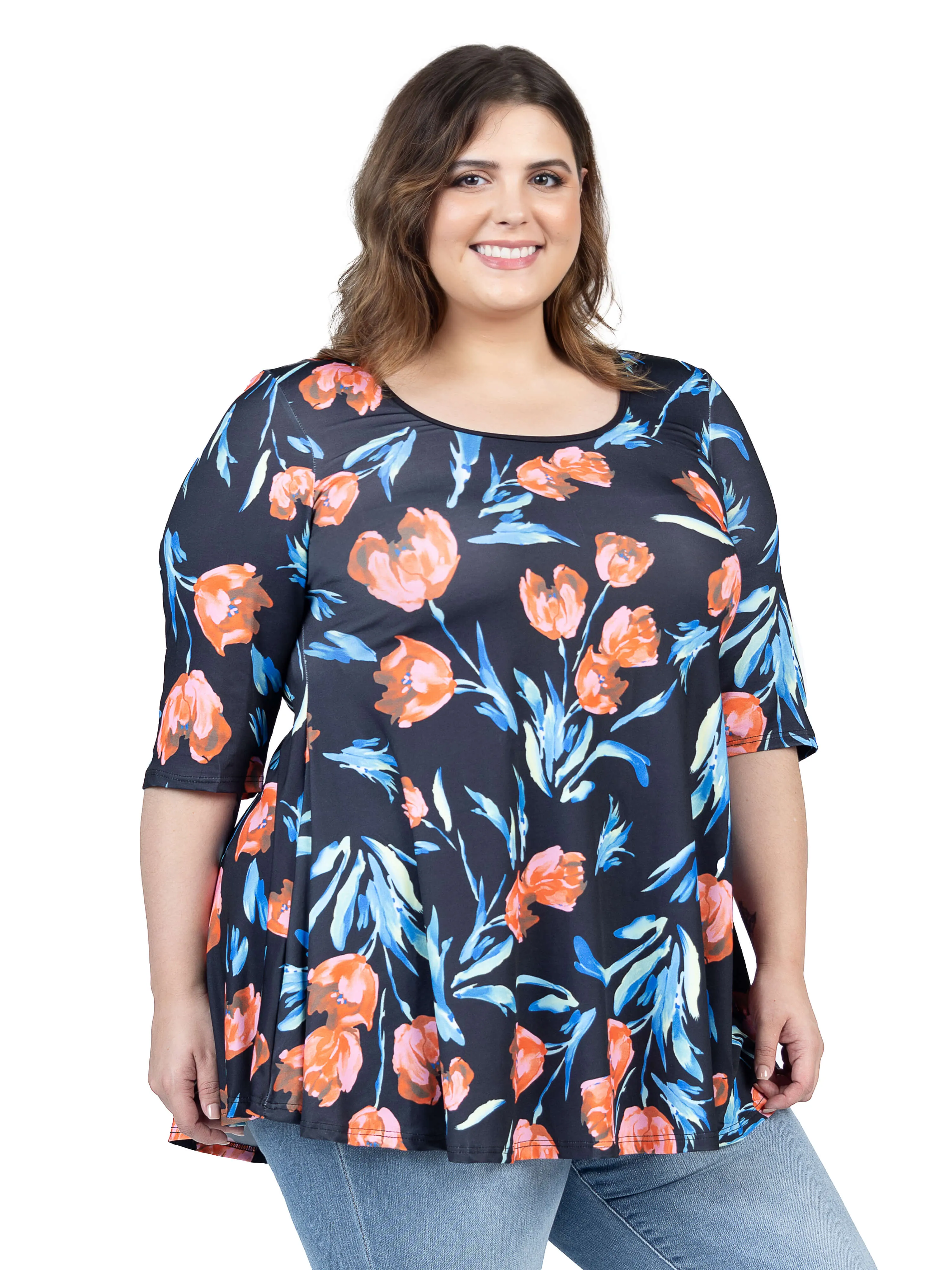 Plus Size Black Tulip Print Elbow Sleeve Casual Tunic Top