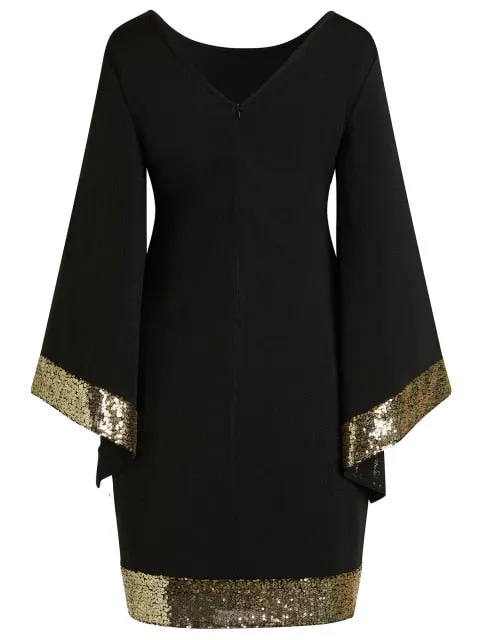 Rosegal Plus Size Office Party Work Dress Women Sequins Long Flare Sleeve V Neck Bodycon Dress Female Vestidos Big Size Clothing