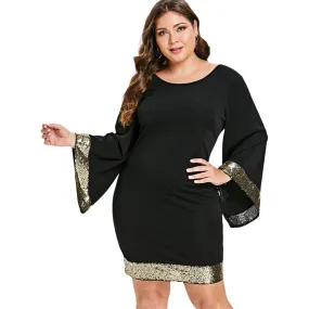 Rosegal Plus Size Office Party Work Dress Women Sequins Long Flare Sleeve V Neck Bodycon Dress Female Vestidos Big Size Clothing