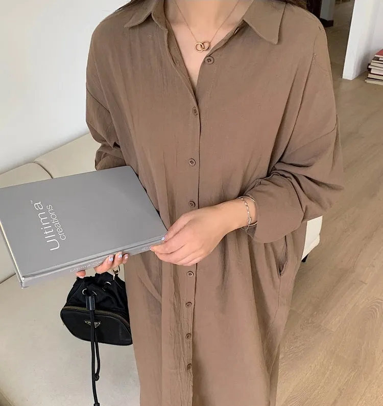 S-2XL Spring Casual Patchwork Cotton Collar Loose Long Sleeve Long Shirt Dress