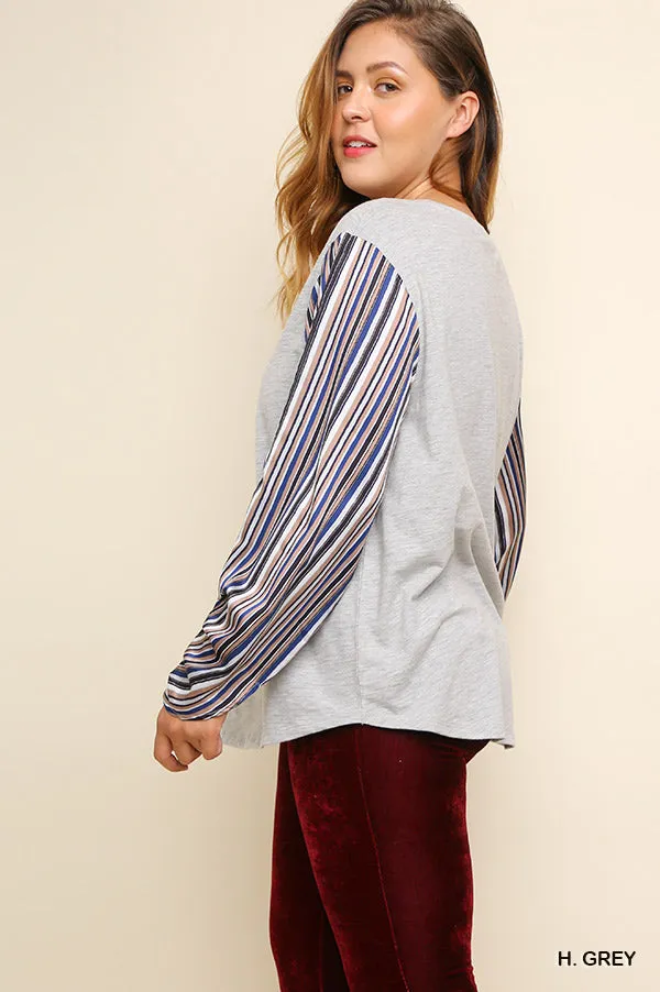 Satin Striped Sleeve Top, Grey