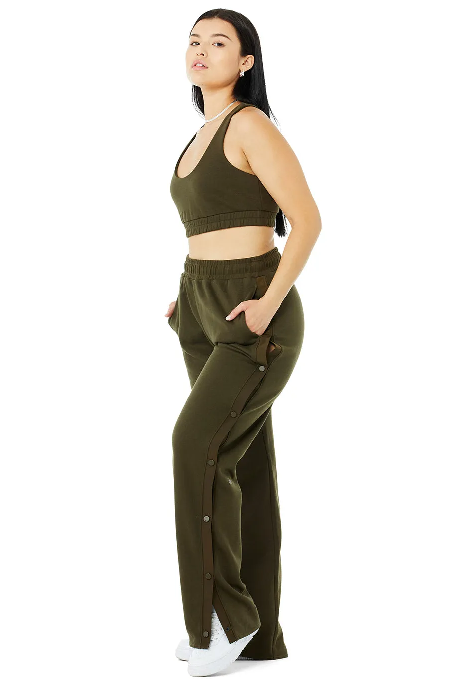 Scoop Neck Sweatshirt Bra & Courtside Tearaway Snap Pant Set - Dark Olive