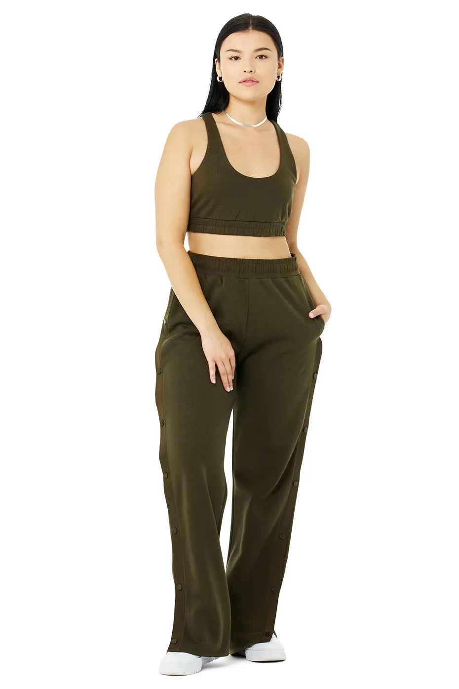 Scoop Neck Sweatshirt Bra & Courtside Tearaway Snap Pant Set - Dark Olive