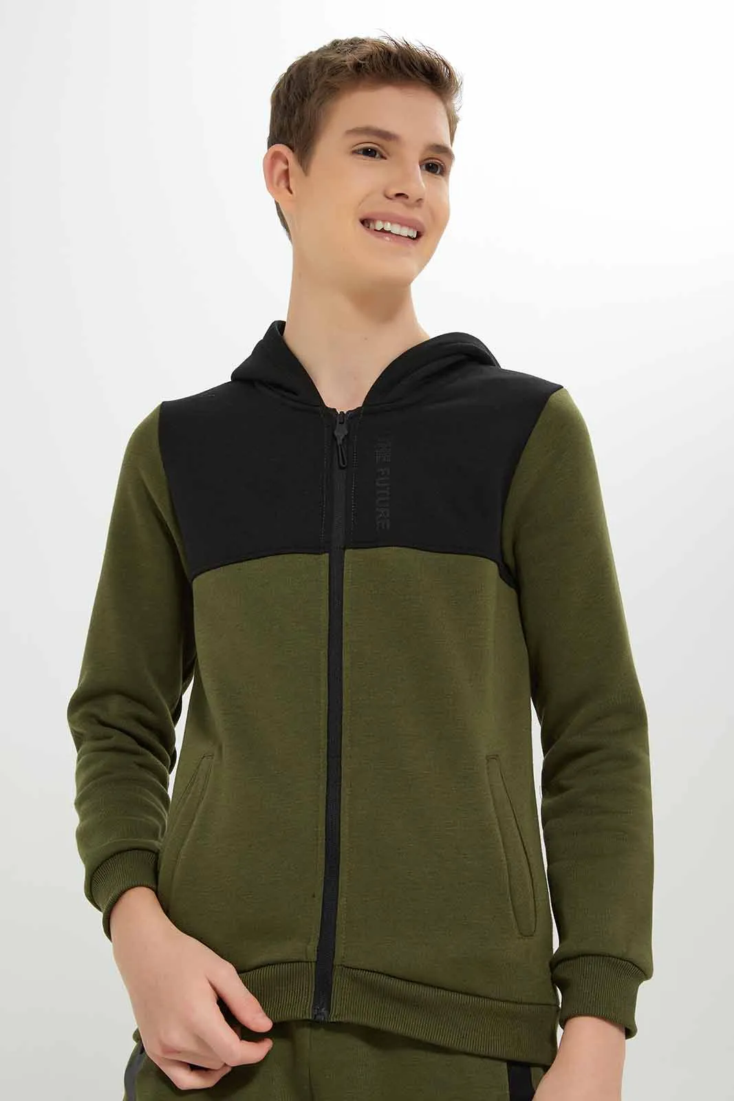 Senior Boys Olive Color Blacked Jogger Set (2 piece)