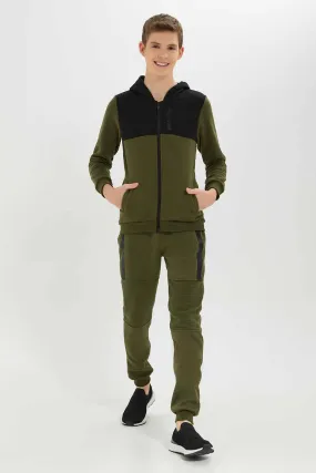 Senior Boys Olive Color Blacked Jogger Set (2 piece)