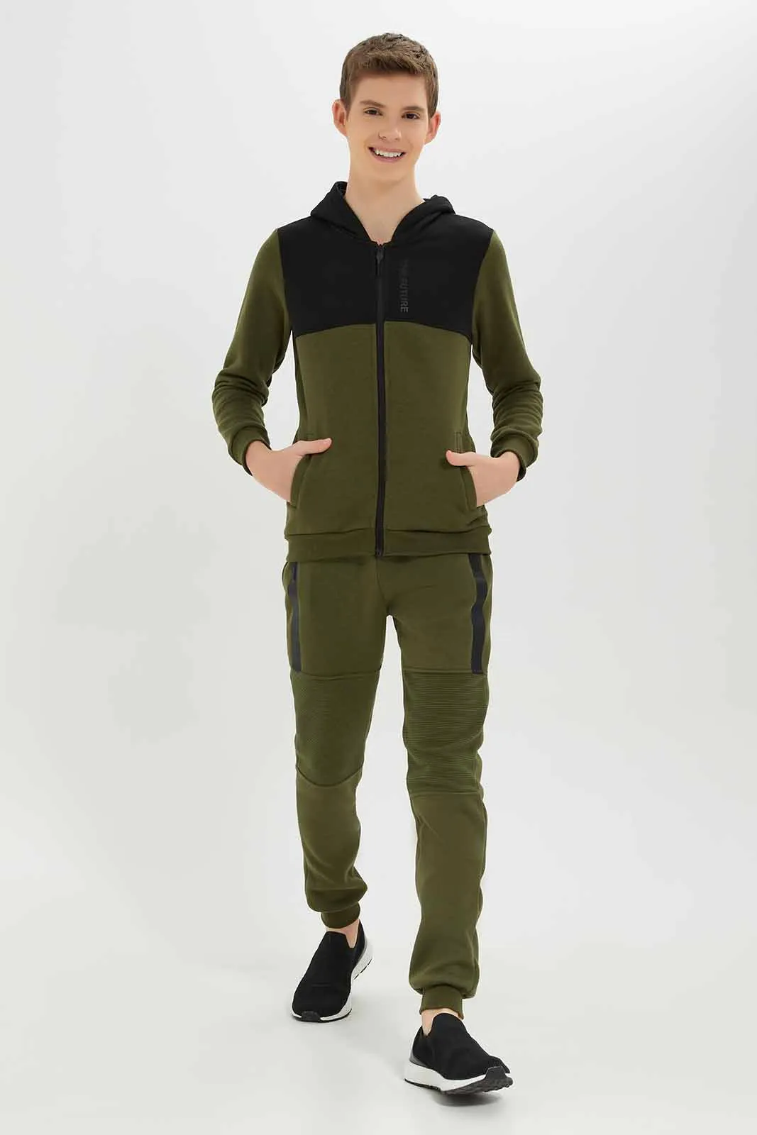 Senior Boys Olive Color Blacked Jogger Set (2 piece)