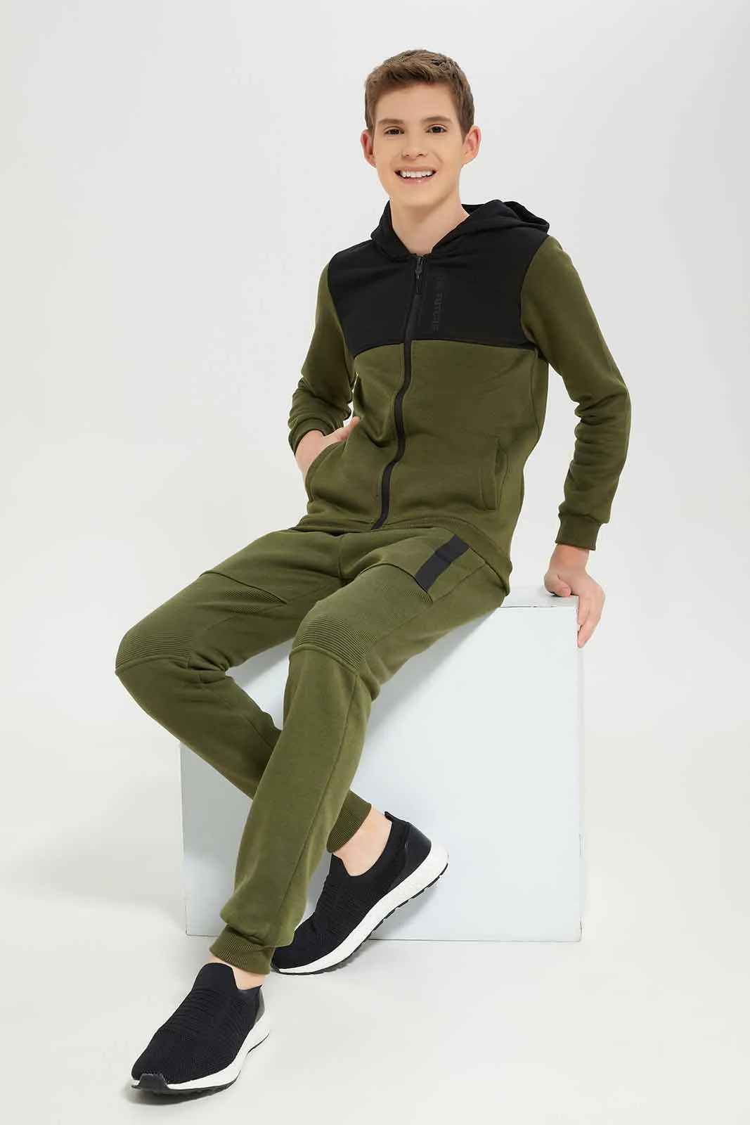 Senior Boys Olive Color Blacked Jogger Set (2 piece)