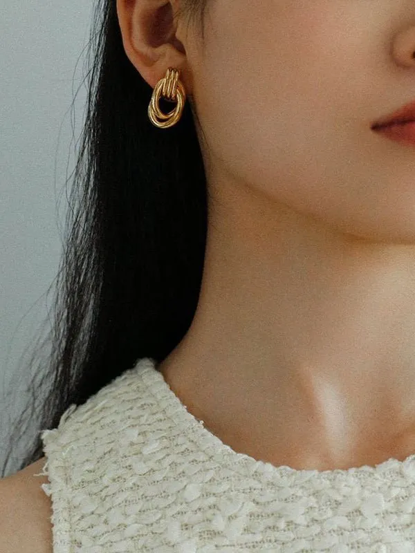 Simple Double Oval Striped Earrings Gold