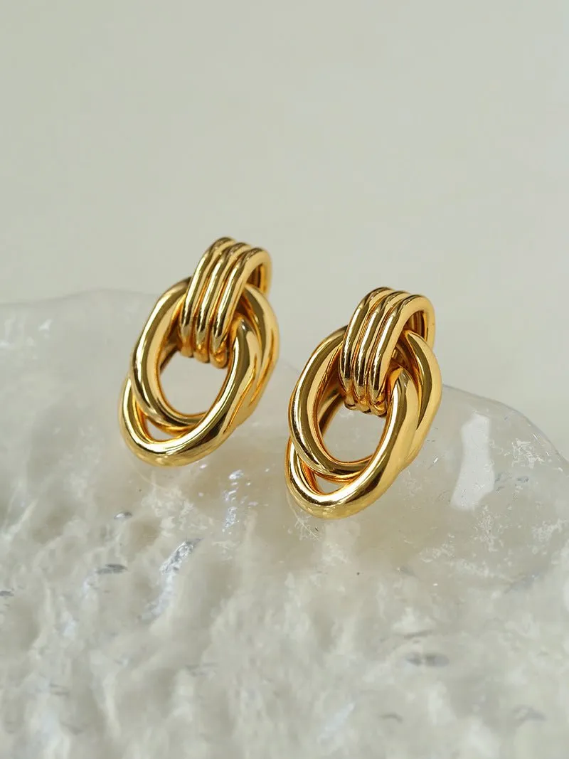 Simple Double Oval Striped Earrings Gold