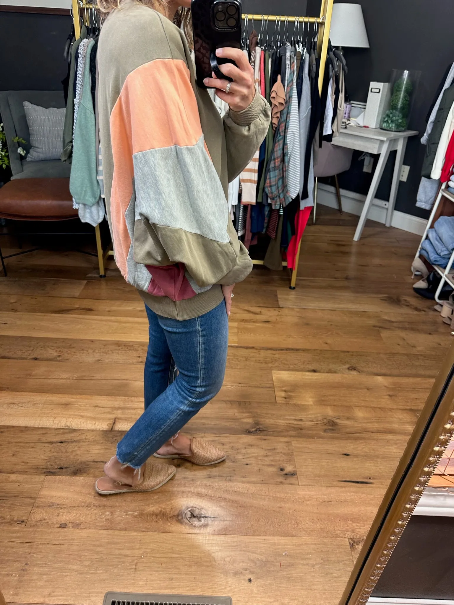 Speak The Truth Colorblock Crewneck Sweatshirt - Olive Grey