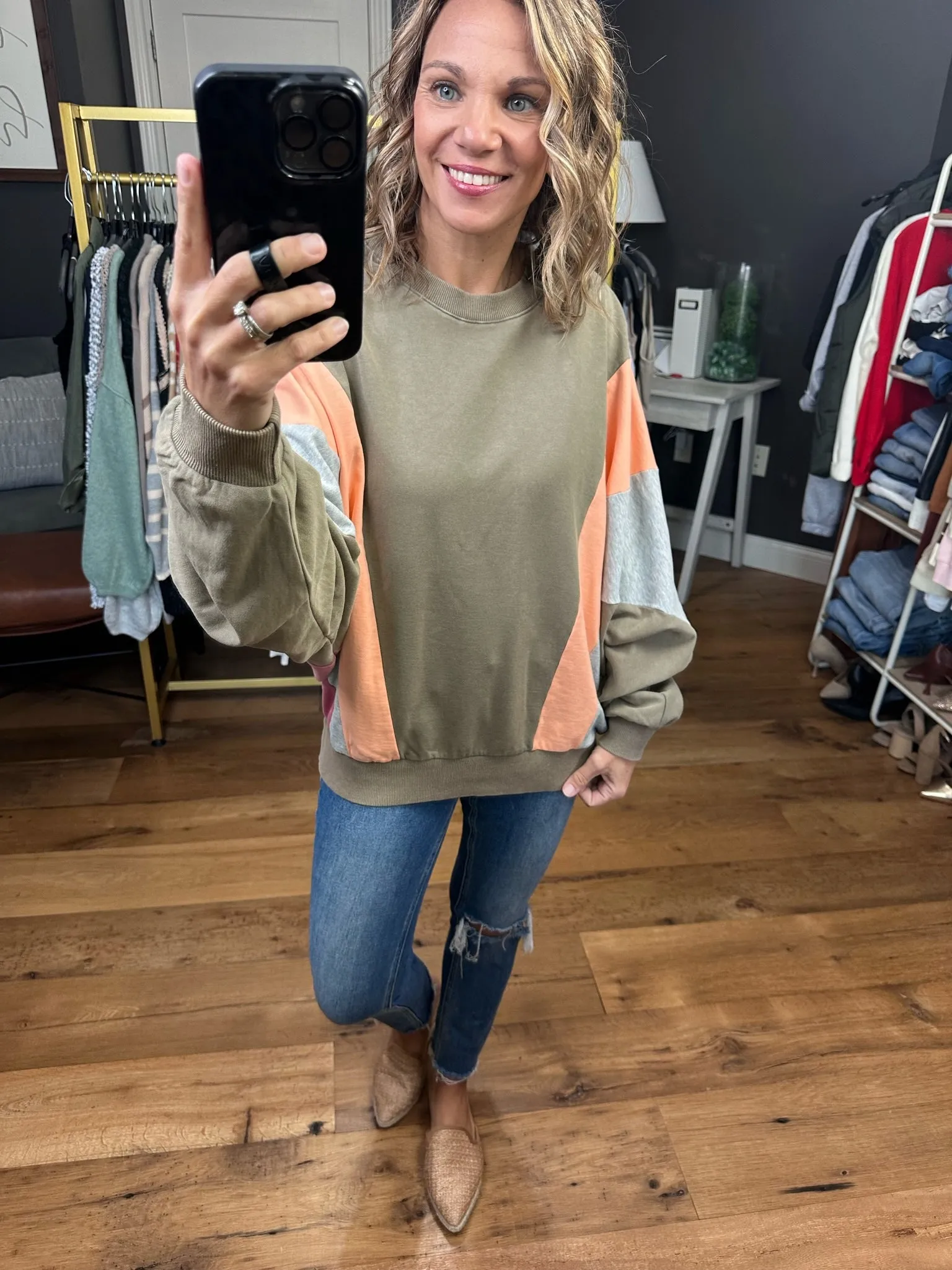 Speak The Truth Colorblock Crewneck Sweatshirt - Olive Grey